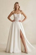 Strapless Satin Appliqued A - Line Wedding Dress with Corset in Ivory - KissProm Wedding Dresses