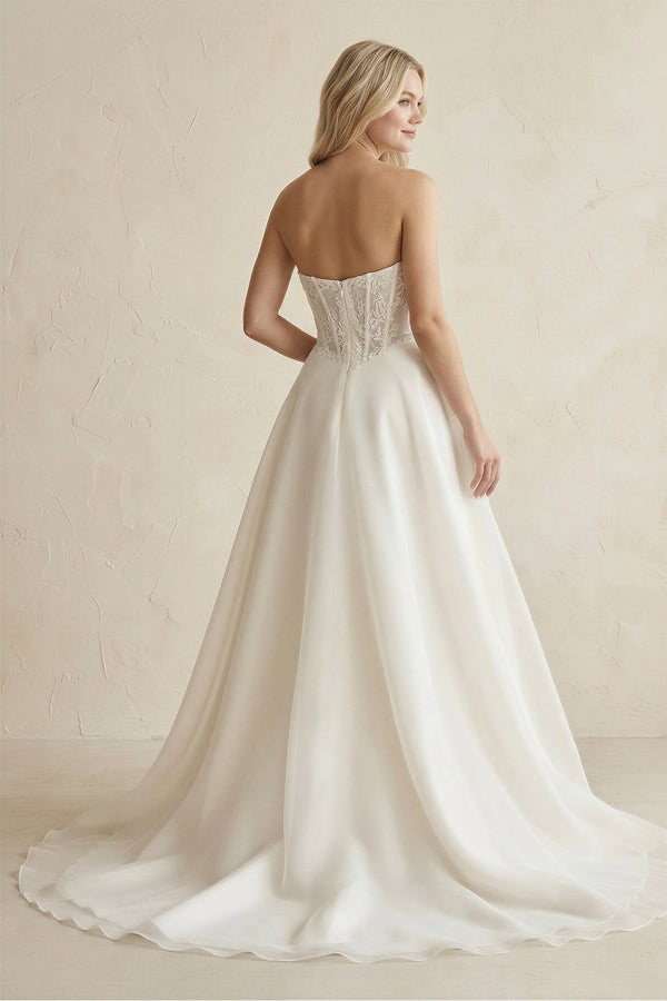 Strapless Satin Appliqued A - Line Wedding Dress with Corset in Ivory - KissProm Wedding Dresses