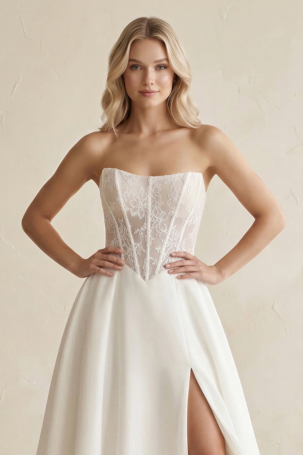 Strapless Satin Appliqued A-Line Wedding Dress with Corset in Ivory, Ivory / 20