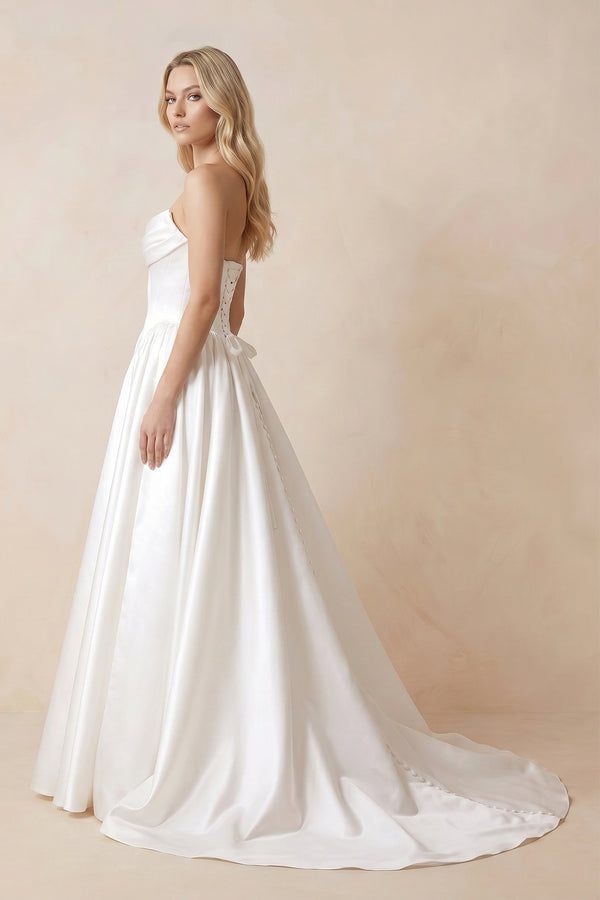 Strapless Satin Ball - Gown Corset Wedding Dress with Removable Sleeves in White - KissProm Wedding Dresses