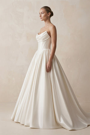 Strapless Satin Ball - Gown Corset Wedding Dress with Removable Sleeves in White - KissProm Wedding Dresses