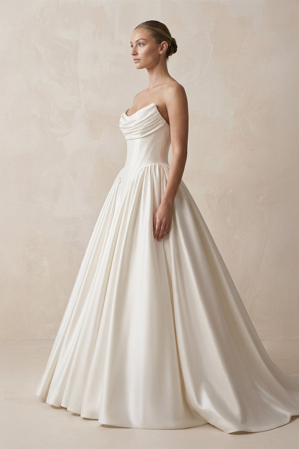 Strapless Satin Ball - Gown Corset Wedding Dress with Removable Sleeves in White - KissProm Wedding Dresses