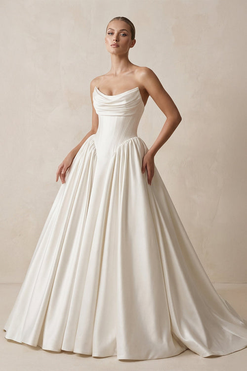 satin corset wedding dress Strapless Satin Ball-Gown Corset Wedding Dress with Removable Sleeves in White, White / 14