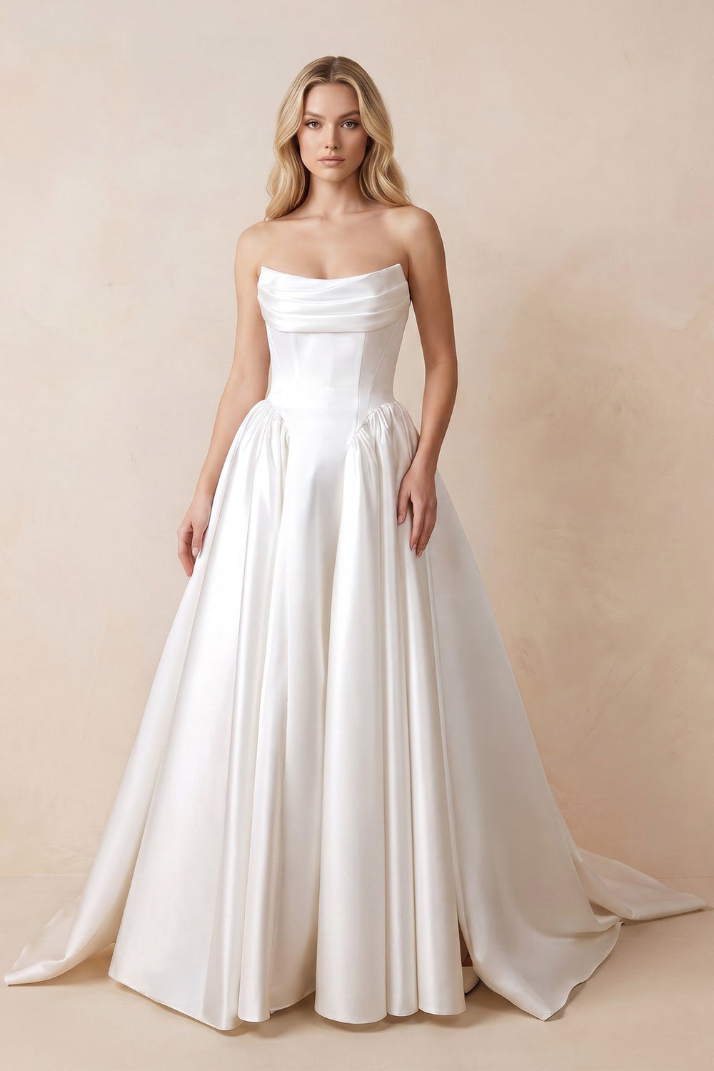 Strapless Satin Ball - Gown Corset Wedding Dress with Removable Sleeves in White - KissProm Wedding Dresses