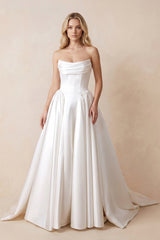 Strapless Satin Ball - Gown Corset Wedding Dress with Removable Sleeves in White - KissProm Wedding Dresses