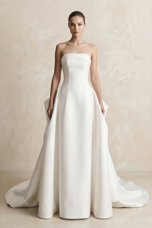 Strapless Satin Ball Gown Wedding Dress in White - KissProm Wedding Dresses