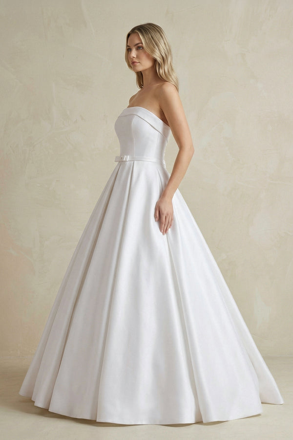 Strapless Satin Ball Gown Wedding Dress with Bow - KissProm Wedding Dresses