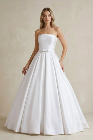 Strapless Satin Ball Gown Wedding Dress with Bow - KissProm Wedding Dresses