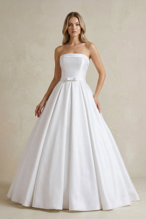 Strapless Satin Ball Gown Wedding Dress with Bow - KissProm Wedding Dresses