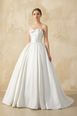 Strapless Satin Ball Gown with Bow in White – Dress by KissProm | Available at KissProm
