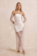 Strapless Satin Lace Ruched Mini Wedding Dress in White - KissProm Wedding Dresses