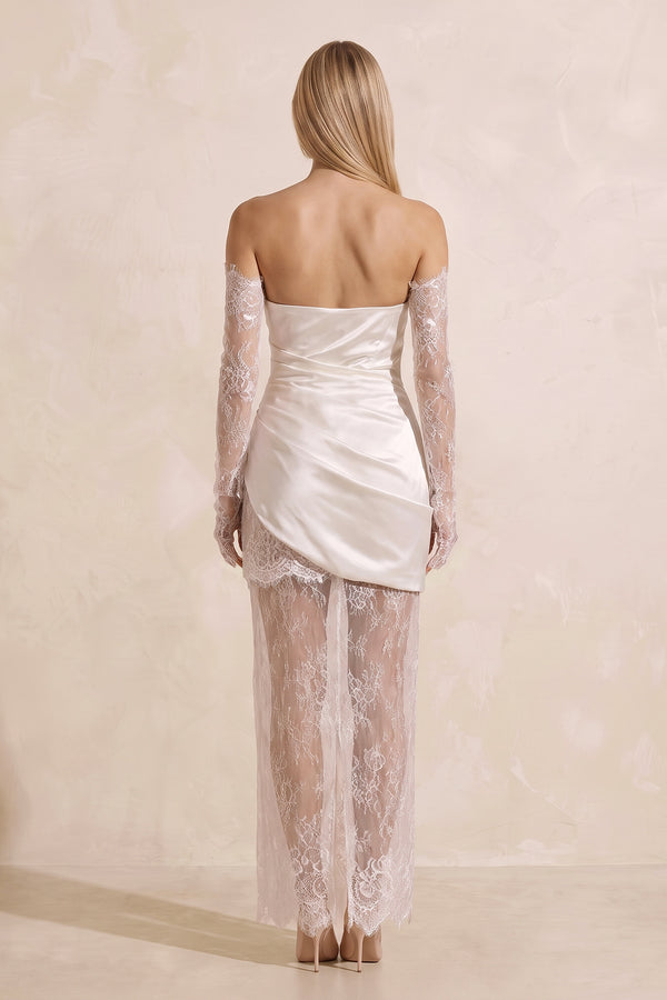 Strapless Satin Lace Ruched Mini Wedding Dress in White - KissProm Wedding Dresses