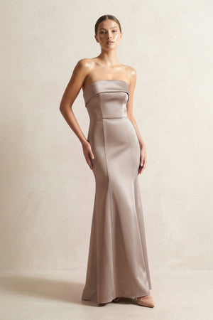 Strapless Satin Mermaid Bridesmaid Dress in Almond - KissProm Bridesmaid Dresses