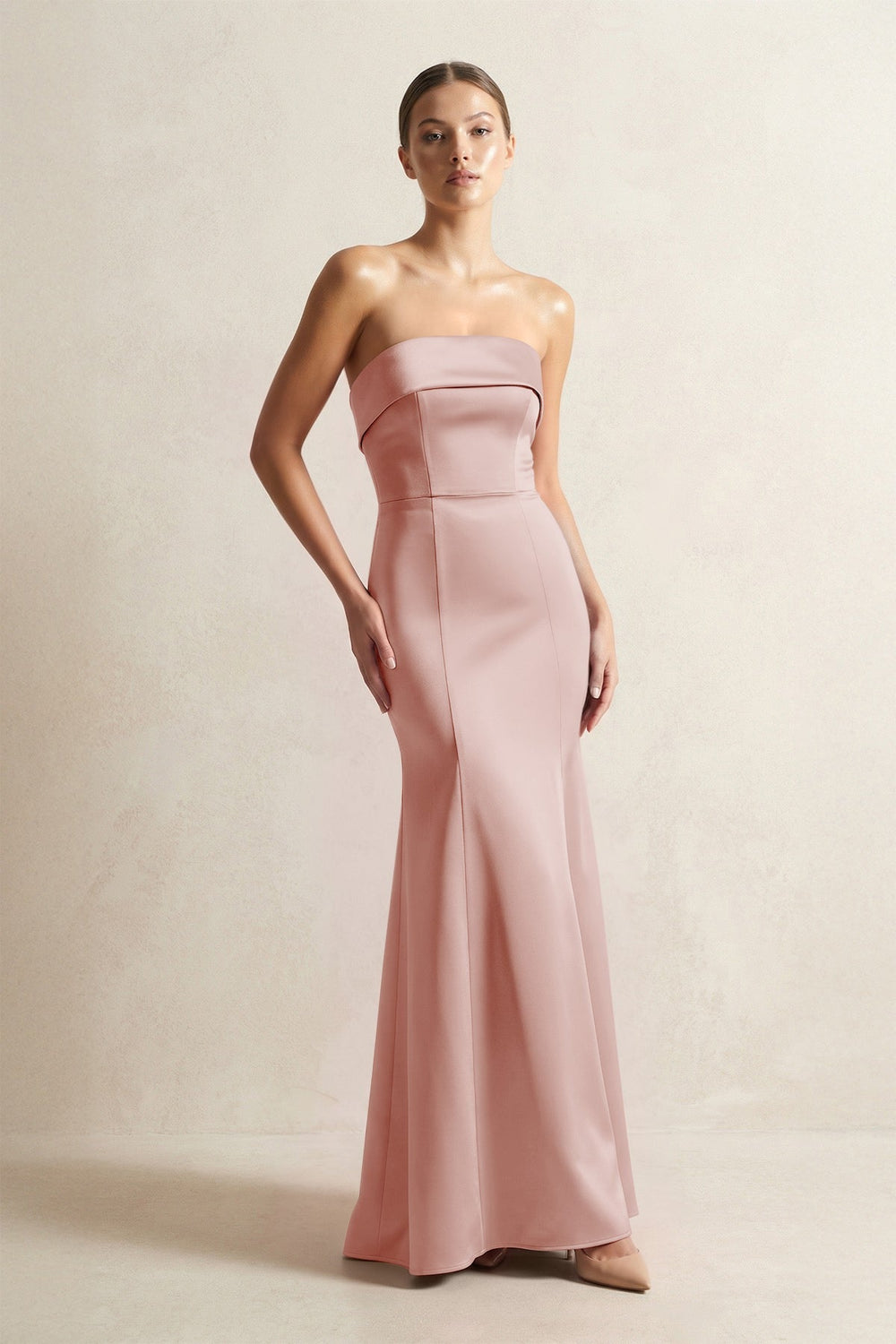 Strapless Satin Mermaid Bridesmaid Dress in Champagne Rose - KissProm Bridesmaid Dresses