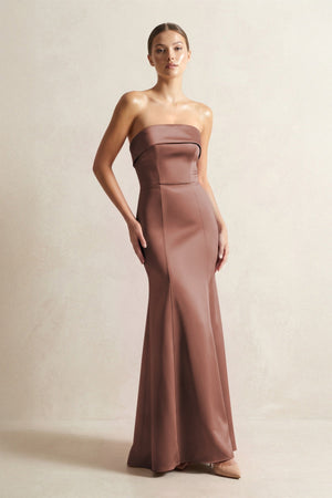 Strapless Satin Mermaid Bridesmaid Dress in Espresso - KissProm Bridesmaid Dresses