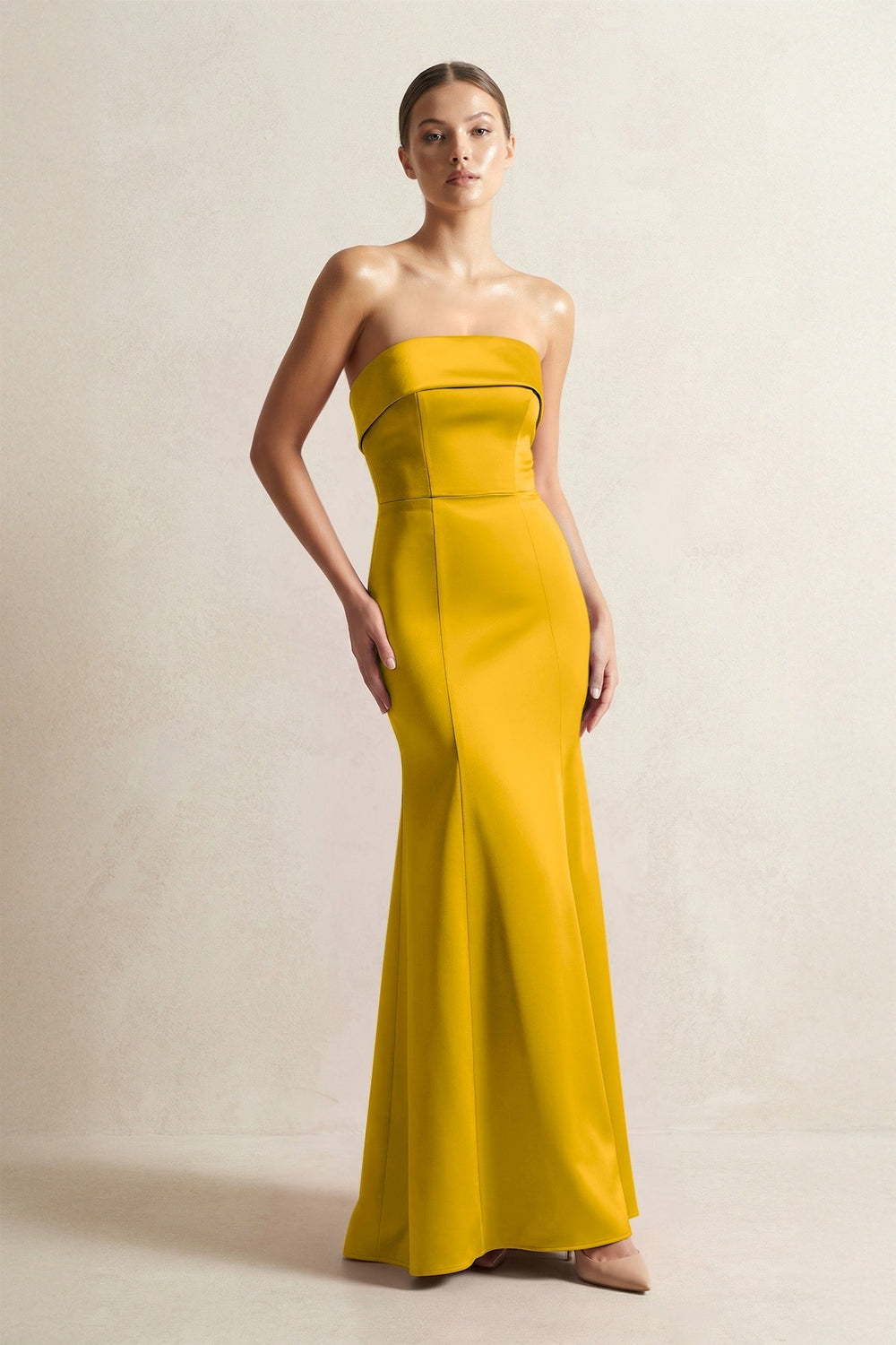 Strapless Satin Mermaid Bridesmaid Dress in Marigold - KissProm Bridesmaid Dresses