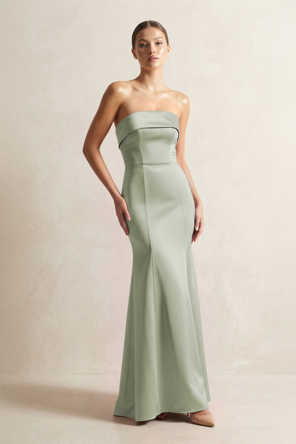 Strapless Satin Mermaid Bridesmaid Dress in Matcha - KissProm Bridesmaid Dresses