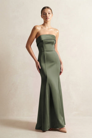 Strapless Satin Mermaid Bridesmaid Dress in Olive - KissProm Bridesmaid Dresses