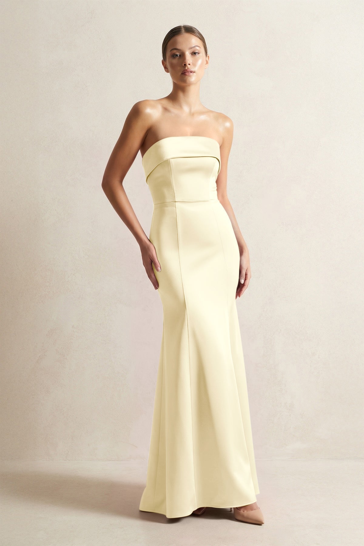 KissProm Strapless Satin Mermaid Bridesmaid Dress in Pastel Yellow, Pastel Yellow / 22