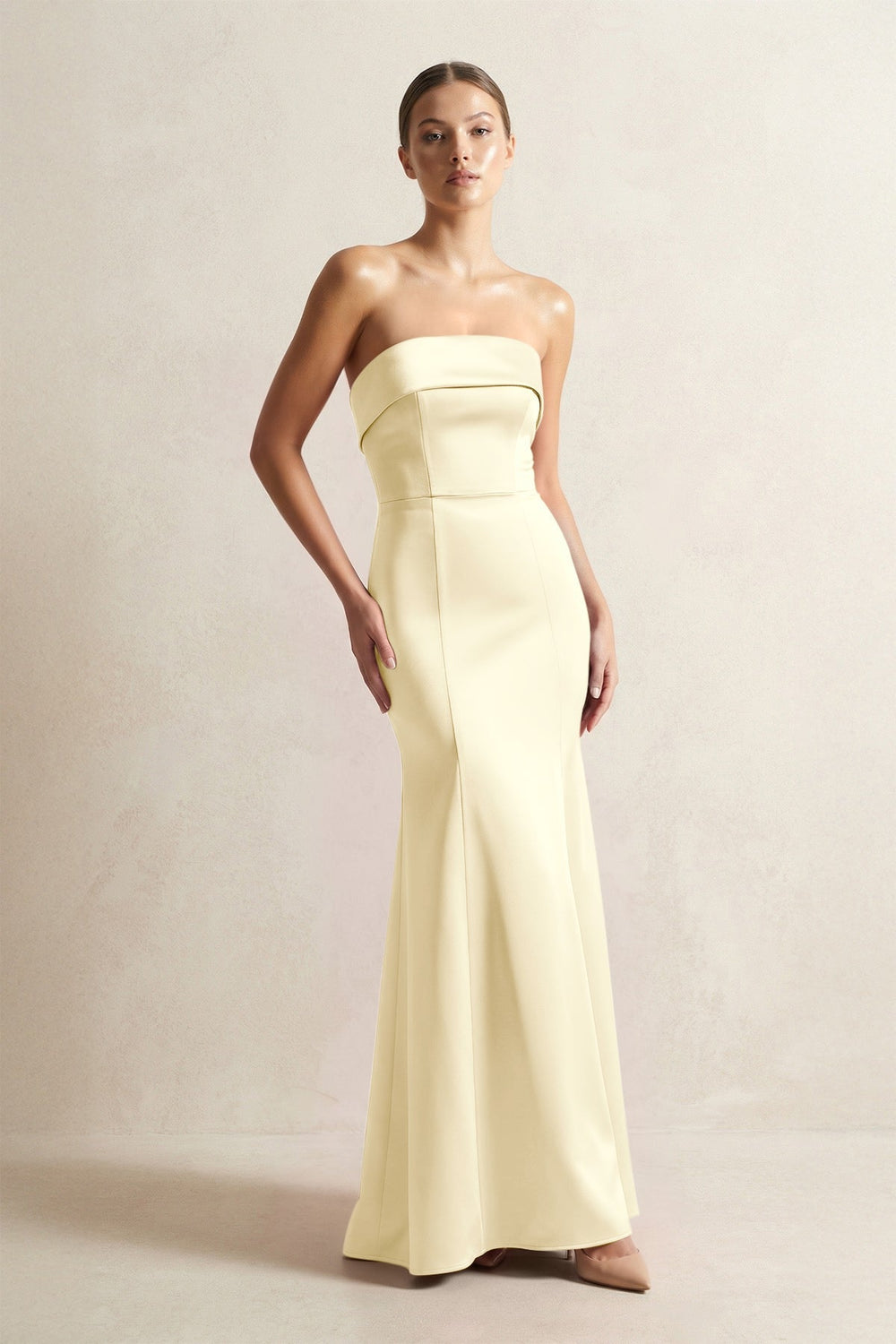 Strapless Satin Mermaid Bridesmaid Dress in Pastel Yellow - KissProm Bridesmaid Dresses