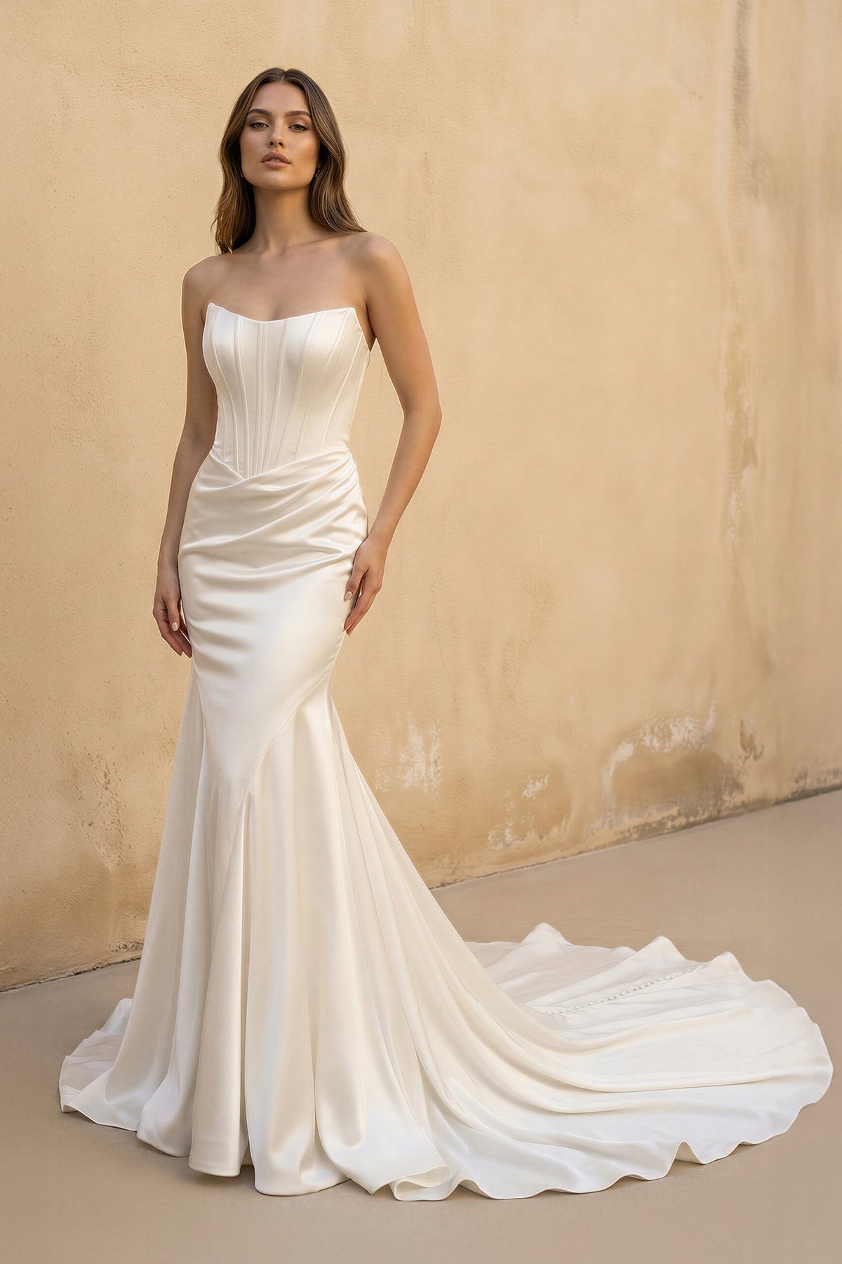 KissProm Strapless Satin Mermaid Corset Wedding Dress in Ivory, Ivory / 22