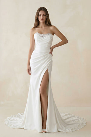 Strapless Satin Mermaid Ruched Wedding Dress With Slit in White - KissProm Wedding Dresses