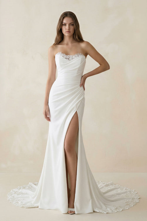 Strapless Satin Mermaid Ruched Wedding Dress With Slit in White - KissProm Wedding Dresses