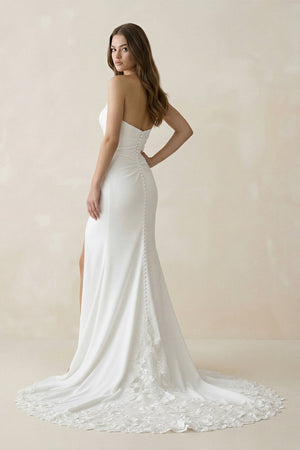 Strapless Satin Mermaid Ruched Wedding Dress With Slit in White - KissProm Wedding Dresses