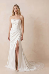 Strapless Satin Mermaid Ruched Wedding Dress With Slit in White - KissProm