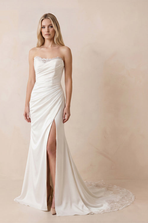 Strapless Satin Mermaid Ruched Wedding Dress With Slit in White - KissProm