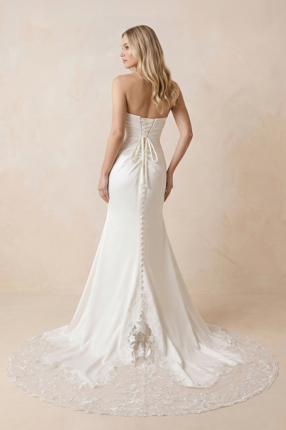 Strapless Satin Mermaid Ruched Wedding Dress With Slit in White - KissProm
