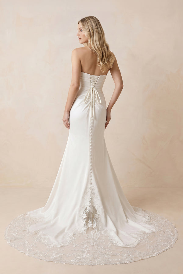 Strapless Satin Mermaid Ruched Wedding Dress With Slit in White - KissProm