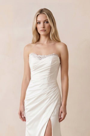 Strapless Satin Mermaid Ruched Wedding Dress With Slit in White - KissProm