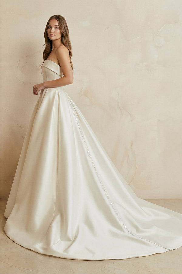 Strapless Satin Pleated Ball Gown in Ivory - KissProm Wedding Dresses