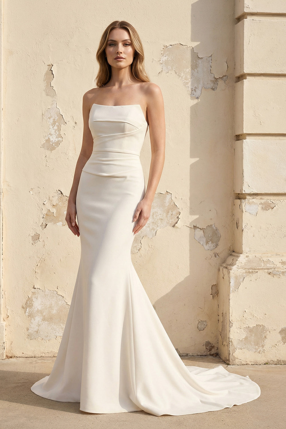 Elegant Mermaid Strapless Elastic Satin Wedding Dresses with Train