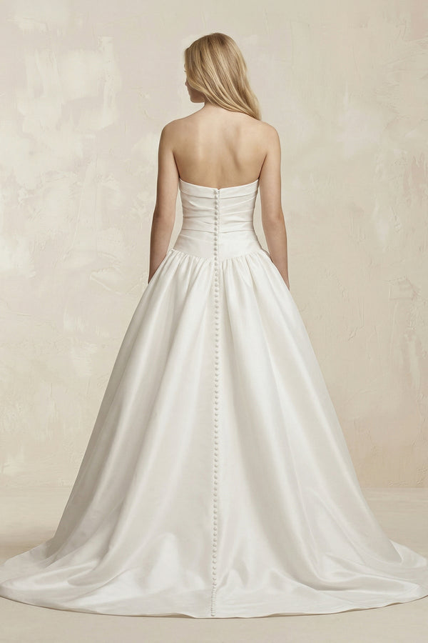 Strapless Satin Ruched A - Line Maxi Wedding Dress in White - KissProm Wedding Dresses
