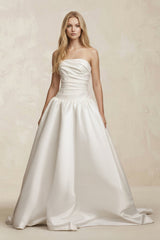 Strapless Satin Ruched A - Line Maxi Wedding Dress in White - KissProm Wedding Dresses