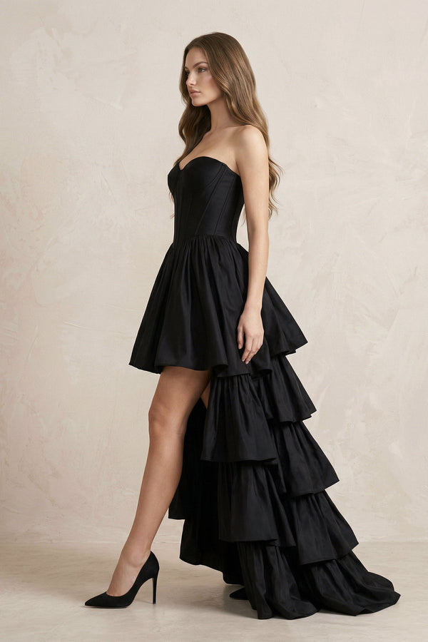 KissProm Strapless Satin Sweetheart High-Low A-Line Wedding Dress With Ruffles in Black, Black / 6