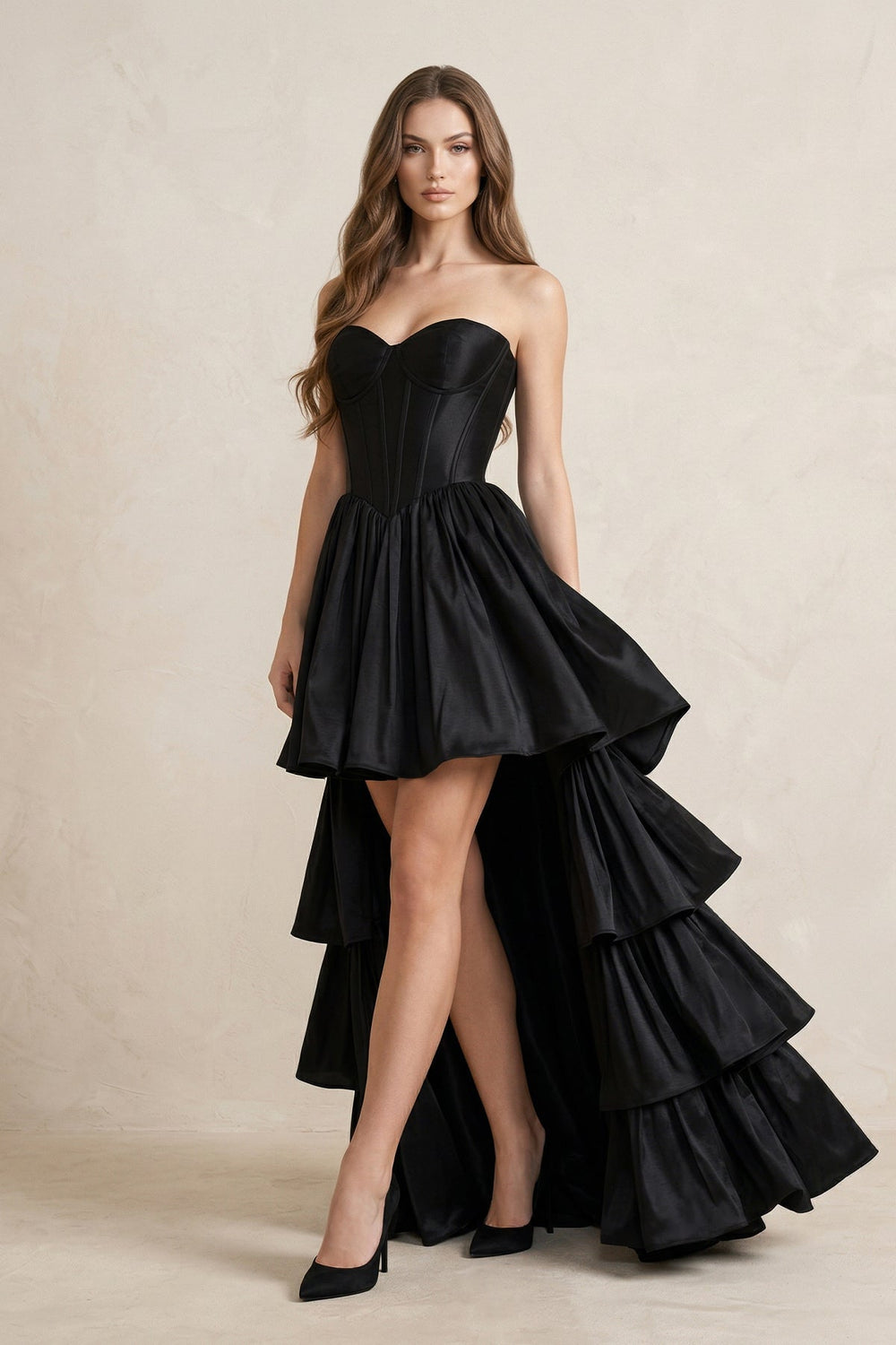 Strapless Satin Sweetheart High - Low A - Line Wedding Dress With Ruffles in Black - KissProm Wedding Dresses