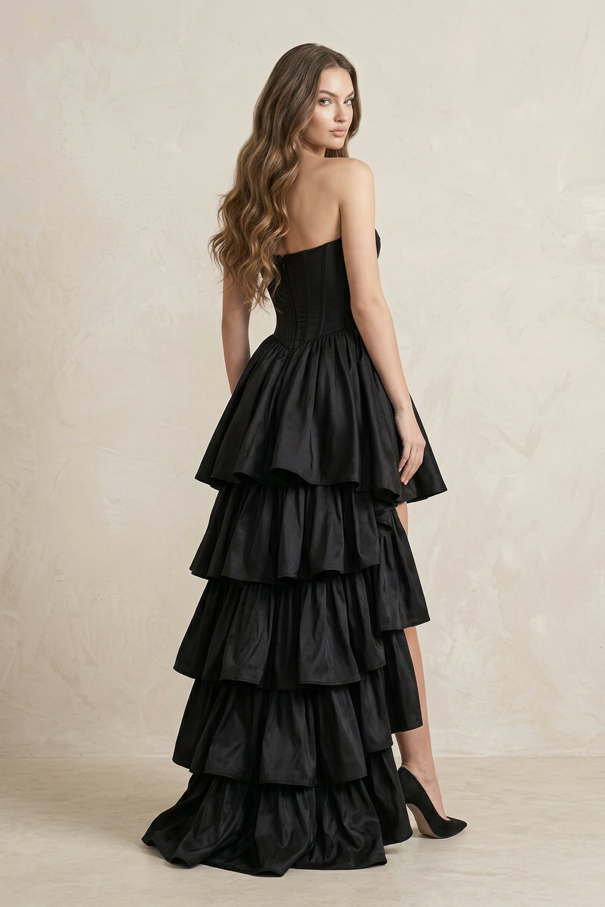 Strapless Satin Sweetheart High-Low A-Line Wedding Dress With Ruffles in Black, Black / 6 Strapless Satin Sweetheart High-Low A-Line Wedding Dress With Ruffles in Black, Black / 6