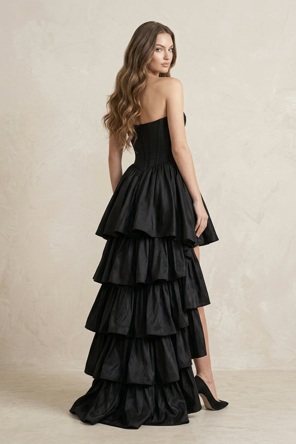 Strapless Satin Sweetheart High - Low A - Line Wedding Dress With Ruffles in Black - KissProm Wedding Dresses