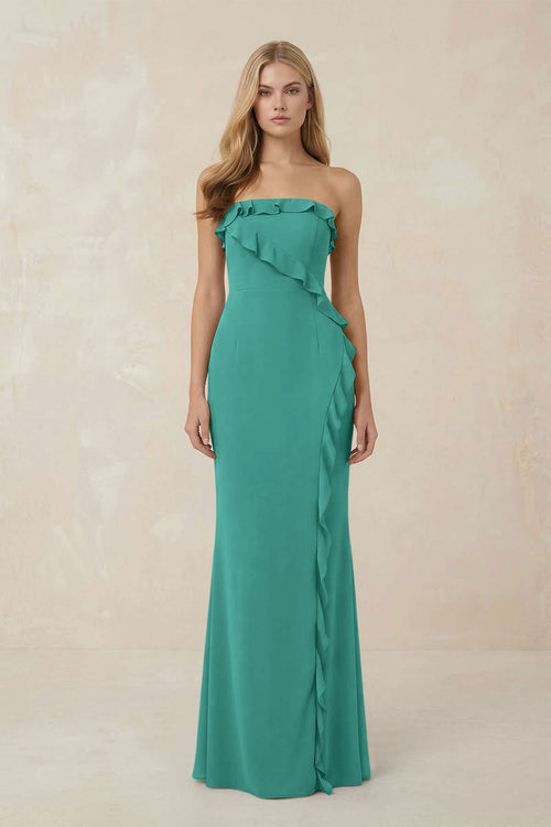 Strapless Ruffled Sheath Bridesmaid Dress in Sea Glass - KissProm Bridesmaid Dresses