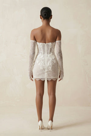 Strapless Sheath Lace Mini Wedding Dress With Sleeves in Ivory - KissProm Wedding Dresses