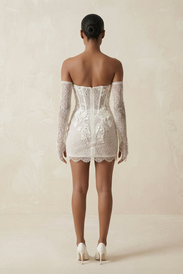 Strapless Sheath Lace Mini Wedding Dress With Sleeves in Ivory - KissProm Wedding Dresses