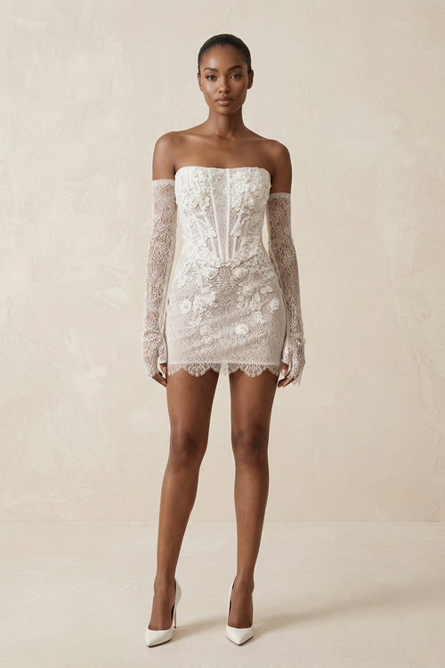 Strapless Sheath Lace Mini Wedding Dress With Sleeves in Ivory - KissProm Wedding Dresses