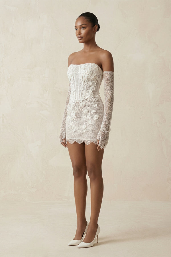 Strapless Sheath Lace Mini Wedding Dress With Sleeves in Ivory - KissProm Wedding Dresses