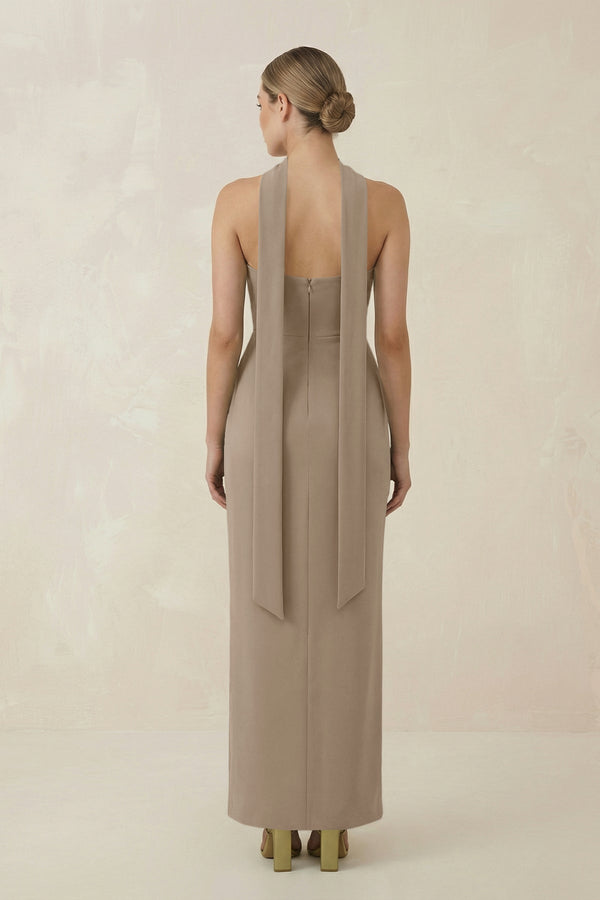 Strapless Sheath Midi Bridesmaid Dress With Ribbon in Almond - KissProm Bridesmaid Dresses