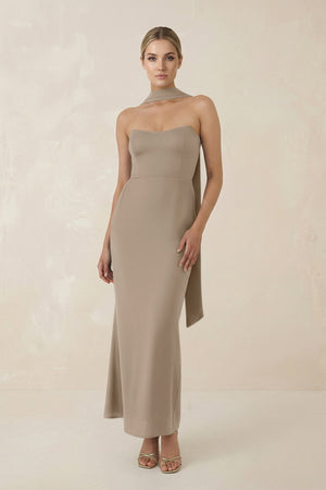 Strapless Sheath Midi Bridesmaid Dress With Ribbon in Almond - KissProm Bridesmaid Dresses