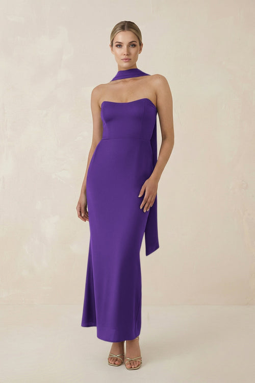 Strapless Sheath Midi Bridesmaid Dress With Ribbon in Amethyst - KissProm Bridesmaid Dresses