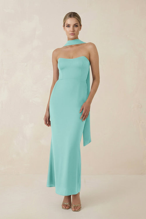 Strapless Sheath Midi Bridesmaid Dress With Ribbon in Aqua - KissProm Bridesmaid Dresses